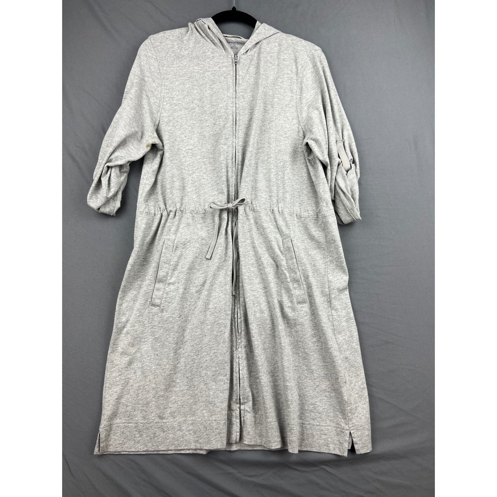 Lands End Hoodie Women L 14-16 Full Zip Roll Tab Sleeve Long Cardigan Gray Cottn